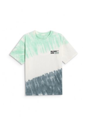 Koszulka z krótkim rękawem z zielono-szarymi wzorami tie-dye i napisem "GO FAST LIVE 4F" na piersi.
