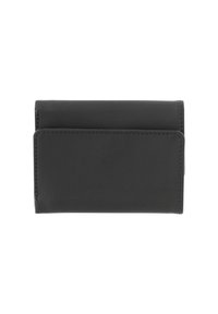 Porta carte in pelle nera dalla texture liscia, con design pieghevole e due fessure frontali per le carte, cuciture a contrasto.