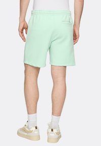 Mátově zelené bavlněné šortky s elastickým pasem a zadní kapsou. Dokončené prošitým okrajem a nošené s světle barevnými teniskami.