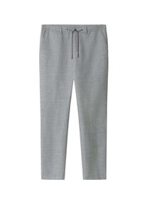 Pantaloni slim-fit grigio chiaro con vita elasticizzata, coulisse regolabile, passanti per la cintura e tasche laterali, presentati su uno sfondo bianco.