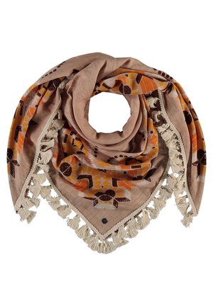 Foulard triangulaire marron clair avec des motifs abstraits orange et marron foncé et des franges crème le long des bords, plié en forme circulaire.