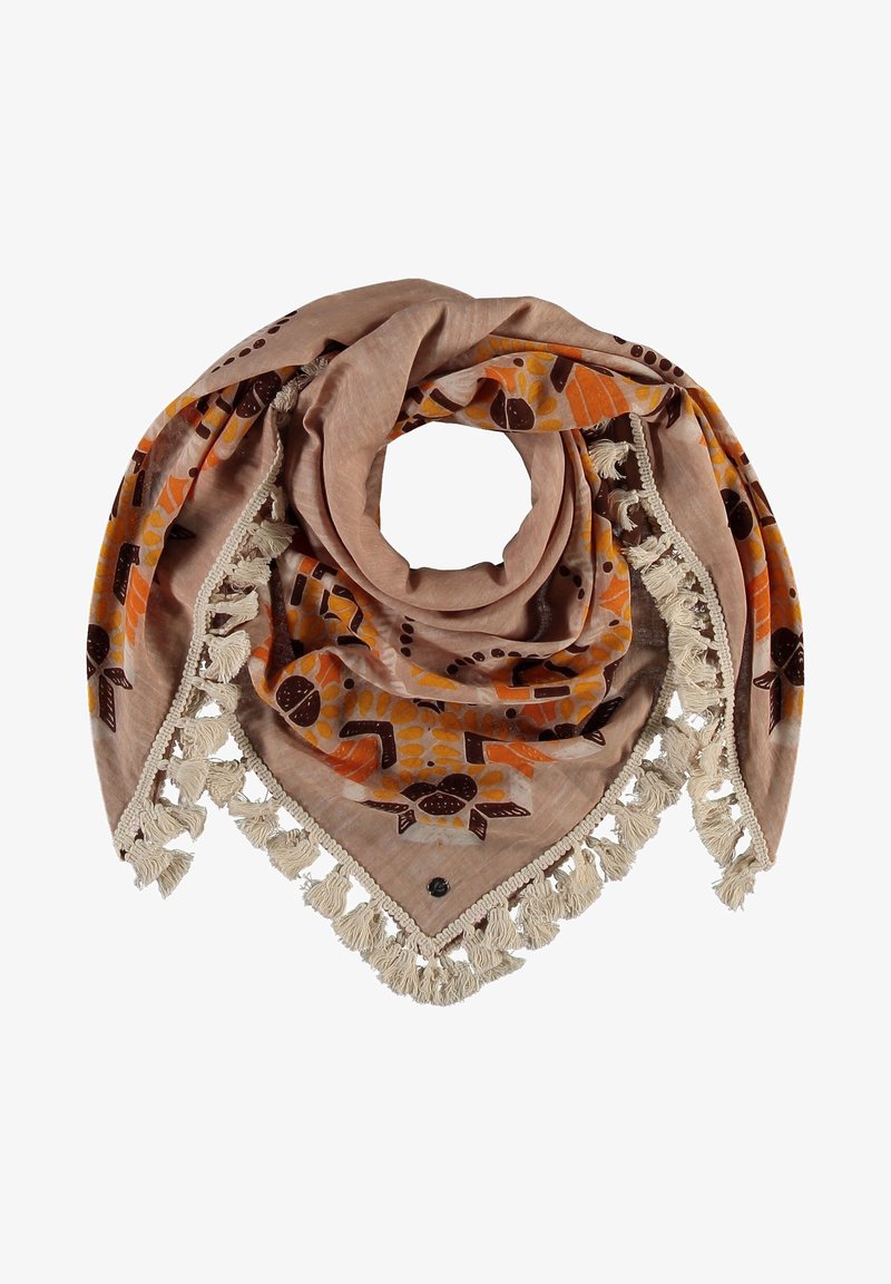 Foulard triangulaire marron clair avec des motifs abstraits orange et marron foncé et des franges crème le long des bords, plié en forme circulaire.