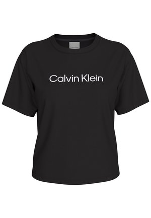 T-shirt noir à manches courtes avec l'inscription "Calvin Klein" imprimée en blanc, centrée sur le devant.