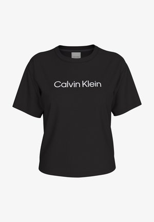 T-shirt noir à manches courtes avec l'inscription "Calvin Klein" imprimée en blanc, centrée sur le devant.