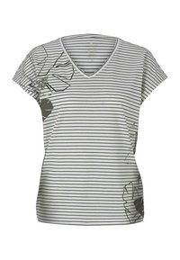 Camiseta de cuello en V a rayas en gris y blanco, con mangas cortas y un diseño gráfico floral en el lado izquierdo. Material de algodón suave.