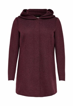 Burgundy long coat with a hood, made of textured fabric, featuring a straight cut and front opening, tailored for a fitted look.