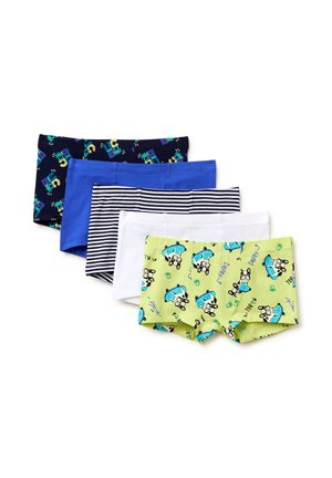 Pięć par meskich bokserek w różnych kolorach i wzorach, w tym granatowe z motywem zwierząt, jednolite niebieskie, w paski, białe oraz zielone z nadrukiem psów.