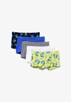 Fünf Paar Jungen-Boxershorts in verschiedenen Farben und Mustern, darunter marineblau mit Tiermotiven, einfarbig blau, gestreift, weiß und grün mit Hundedrucken.
