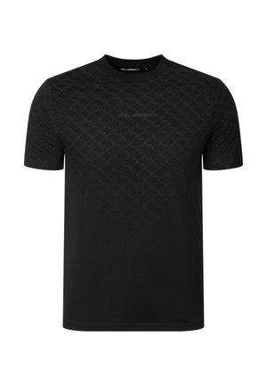 Sort T-shirt med korte ærmer og rund hals, med subtil præget geometrisk mønster og lille Karl Lagerfeld-logo på brystet.