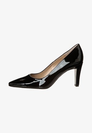 Pompe à talon haut en cuir verni noir avec un bout pointu et un talon stiletto transparent. Présente une texture lisse et une doublure intérieure beige.