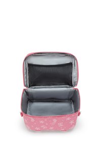 Tracollo per il trucco rettangolare rosa con motivi di stelle bianche e gatti, aperto per mostrare l'interno grigio e una tasca in rete nera all'interno del coperchio.