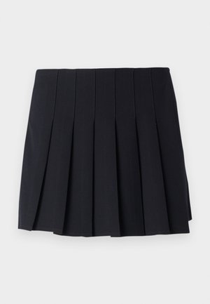 Black pleated skirt made from soft fabric. Features vertical seams and an elastic waistband for comfort. Mid-thigh length, minimalistic design.