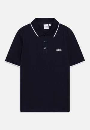 Marineblaue Poloshirts mit weißem Kragenbesatz, Drei-Knopf-Leiste und gesticktem "BOSS"-Logo auf der linken Brust. Baumwollmischgewebe.