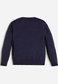 Pull en maille bleu marine avec un col rond, des manches longues et des bords côtelés. Texture lisse, couleur unie, sans motifs ni accents.