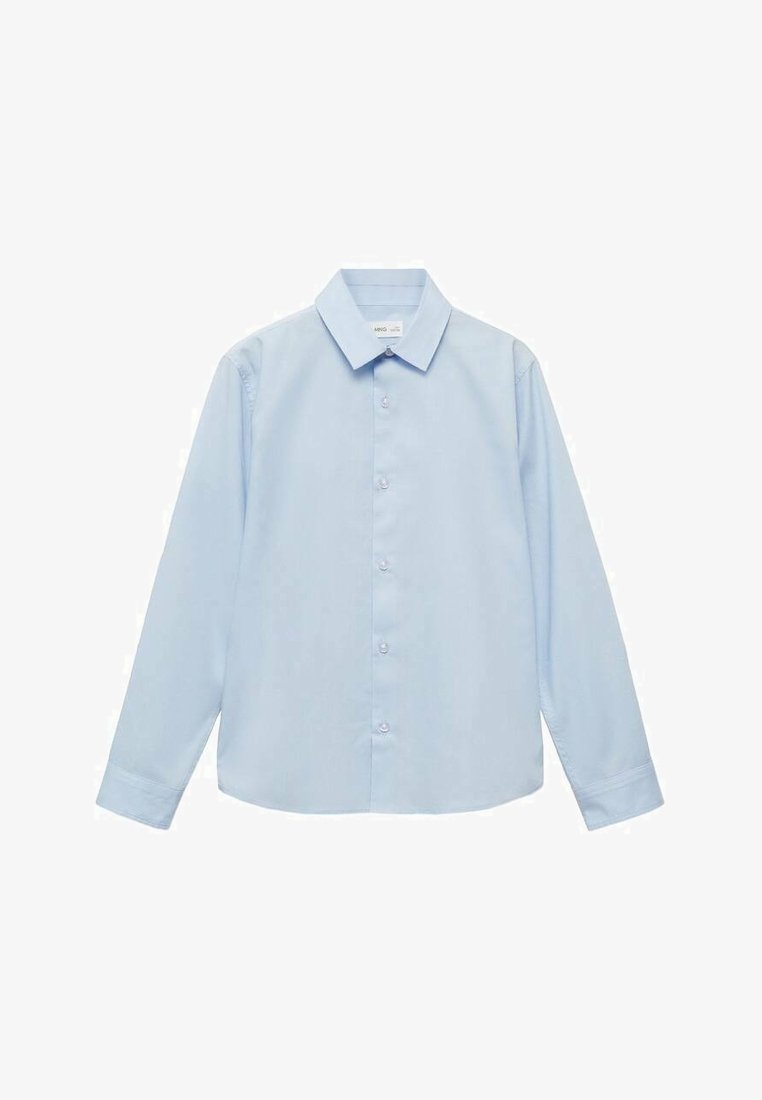 Svetlo modra majica z dolgimi rokavi in ostrim ovratnikom, popolnim gumbom spredaj in manšetami. Gladek material brez vidnih vzorcev ali akcentov.