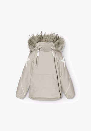 Hellgraue Kinderjacke mit einem Kunstfellkapuze, Reißverschluss, Sternmuster an den Ärmeln und elastischen Bündchen. Glattes Material mit Fronttaschen.