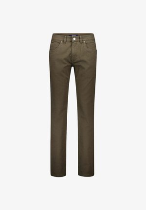 Rechte olijfgroene herenjeans met voor- en achterzakken, riemlussen en knoopsluiting.