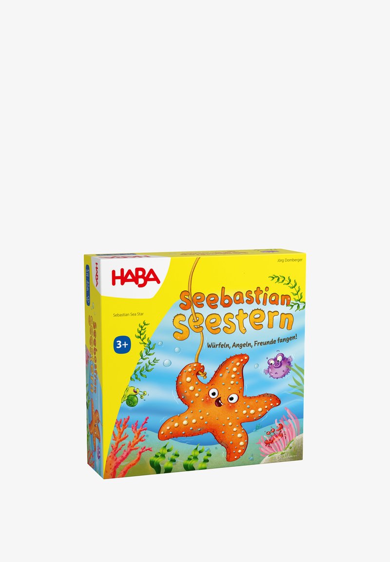 Kleurige speldoos met een oranje, gevlekte zeester karakter met een glimlachend gezicht. Heldergele achtergrond met aquatische illustraties.