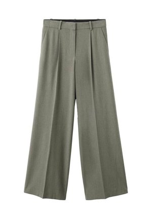 Pantalones de pierna ancha en tejido verde oliva apagado, con superficie texturizada, pliegues frontales, cintura alta y corte recto.