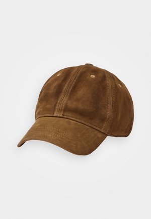 Brown suede baseball cap with stitched panels and ventilation holes, slightly curved brim, displayed on white background.