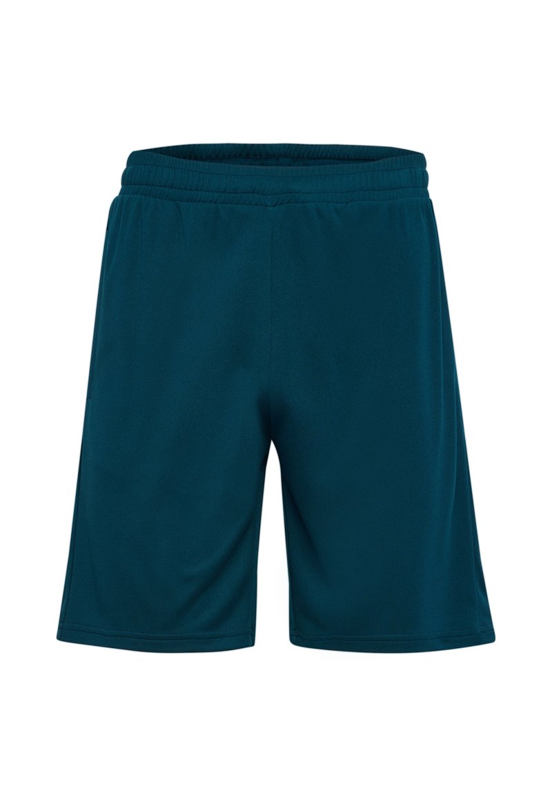 Bermudas atléticas color teal hechas de tejido ligero, con una cinturilla elástica, una textura suave y un diseño de ajuste holgado.
