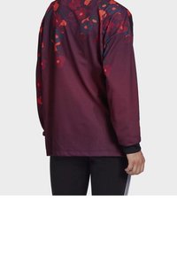 Felpa a maniche lunghe di colore bordeaux con motivo floreale rosso e blu navy sulle spalle. Tessuto morbido, polsini a coste. Vestibilità classica.