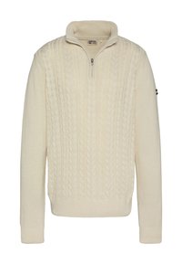 Kremowy sweter dzianinowy z suwakiem do ćwiartki, z fakturowanym wzorem warkocza, ściągaczami na mankietach i małym logo na lewym rękawie.