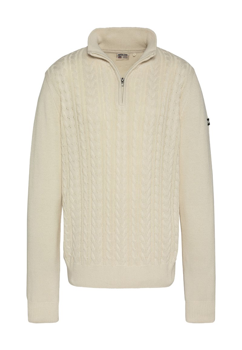 Kremowy sweter dzianinowy z suwakiem do ćwiartki, z fakturowanym wzorem warkocza, ściągaczami na mankietach i małym logo na lewym rękawie.