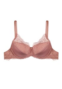 Rosa Spitzen-BH mit glattem Satin-Boden, Unterstützung durch Bügel, komplizierte Blumen-Spitzenverzierung, verstellbaren Trägern und einem kleinen dekorativen Detail in der Mitte.