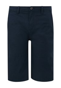 Shorts bleu marine en coton, dotés d'un devant plat, de deux poches latérales, d'une fermeture à bouton et d'une coupe régulière avec une texture lisse.