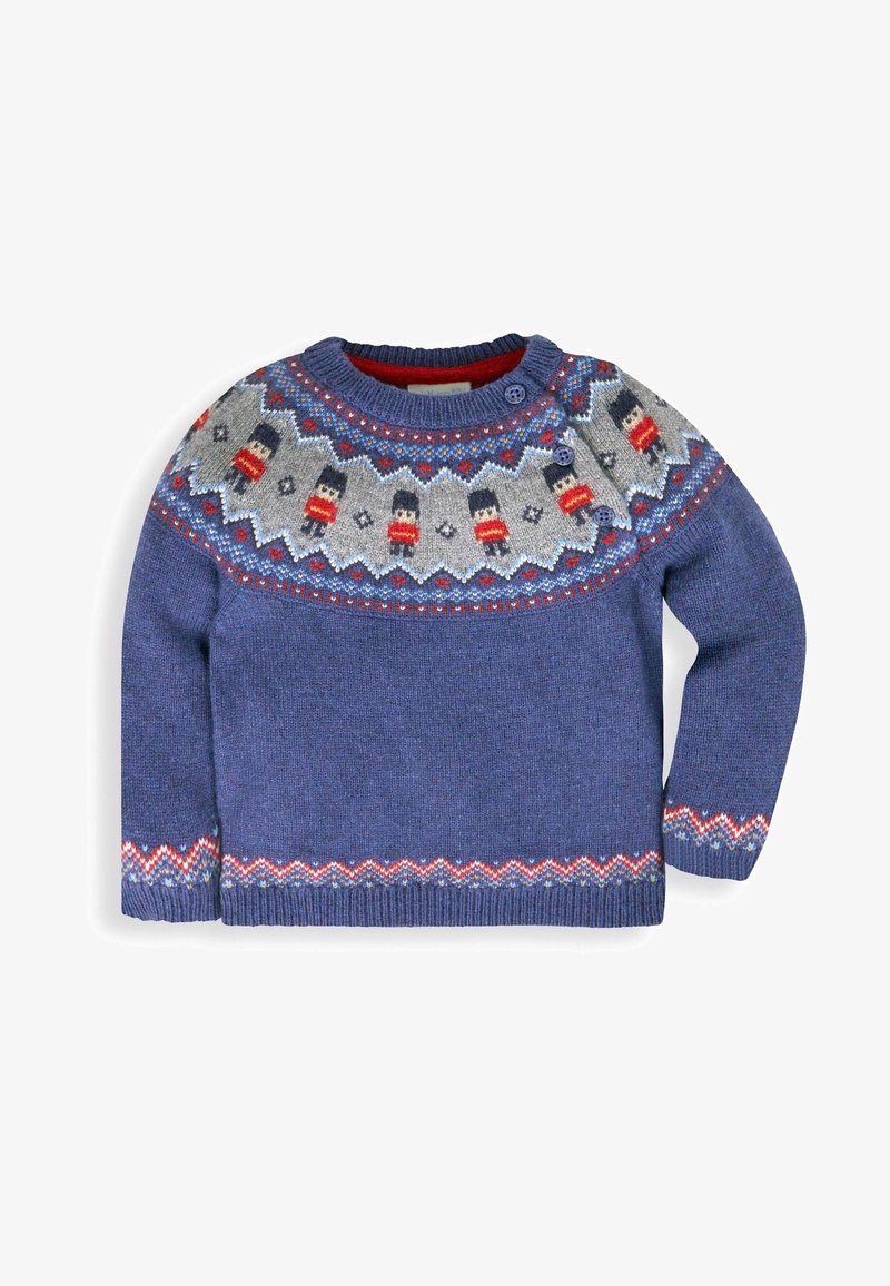 Navy blue knitted sweater with a festive gray patterned yoke featuring nutcracker motifs, red accents, and a zigzag hem pattern.