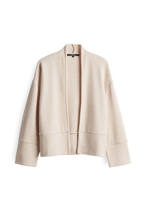 Hellbeige Strickjacke aus weichem Stoff. Sie hat einen lockeren Schnitt, weite Ärmel und ein offenes Design. Minimalistischer Stil ohne Verschlüsse.