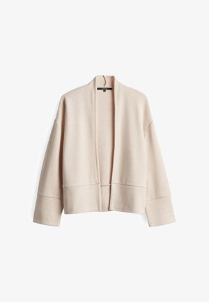 Cardigan beige chiaro realizzato in un tessuto morbido. Caratterizzato da una vestibilità comoda, maniche larghe e un design aperto davanti. Stile minimalista senza chiusure.