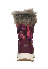 Fuchsia en paarse waterdichte laars met een nep bontkraag, gevoerde zool en een logo op de hak. Achteraanzicht met details van de rits.