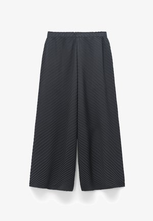 Schwarze plissierte Culottes mit einem strukturierten Wellenmuster, ausgestattet mit einem elastischen Bund und weiten Beinen für Komfort und Bewegungsfreiheit.
