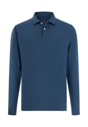 Polo à manches longues bleu marine, confectionné en tissu doux. Il présente un col classique, une patte à trois boutons et un petit logo à l'ourlet.