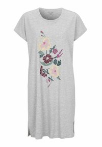 Grå bomullsklänning med avslappnad passform, med blommönster i rosa, gult, mörkrött och grönt. Sidofickor lägger till detalj.
