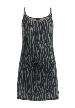 Mouwloze jurk met een abstract golvend patroon in teal en zwart, verstelbare taille met trekkoord en een ronde halslijn.