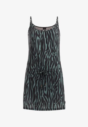 Mouwloze jurk met een abstract golvend patroon in teal en zwart, verstelbare taille met trekkoord en een ronde halslijn.