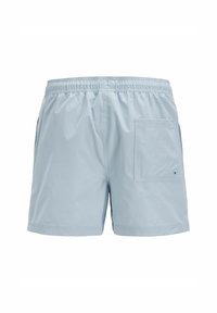 Lichtblauwe zwembroek met een elastische tailleband, zijzakken en een achterzak met een klein oogje voor afvoer.