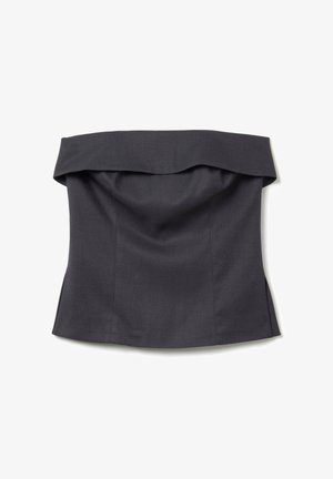 Haut sans manches noirci avec une encolure large et pliée, et des détails de couture sur fond blanc.