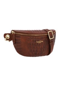 Marsupio in finta pelle marrone con texture coccodrillo, zip dorata e cinturino con fibbia. Design compatto con un anello laterale per il fissaggio.