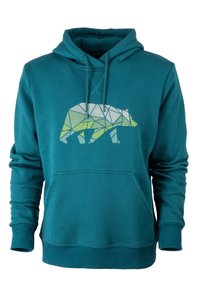 Türkiser Hoodie mit einem weißen und grünen geometrischen Bärenmotiv. Mit einer Fronttasche und Bindebändern an der Kapuze. Weicher, texturierter Stoff.
