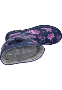Rubber rain boot with a navy background, featuring pink floral patterns. The interior has a clear air membrane and a textured white lining.