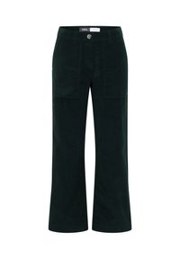 Donkergroene, wijde cargo-broek van zacht materiaal; met twee voorzakken, subtiele stiksels en een knoopsluiting.