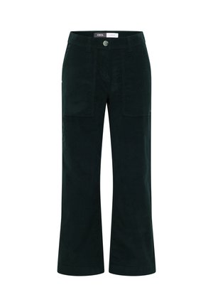 Pantalons cargo larges de couleur vert foncé en tissu doux ; comprenant deux poches avant, des coutures discrètes et une fermeture à bouton.