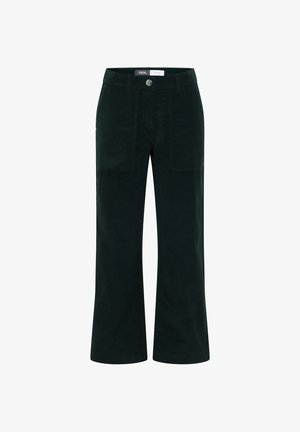 Dark green, wide-leg cargo pants made of soft fabric; features two front pockets, subtle stitching, and a button closure.