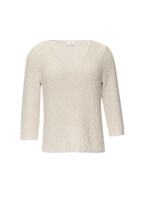 Dzianinowy sweter w kolorze kremowym z dekoltem w kształcie litery V, o długości trzy czwarte rękawów i luźnym kroju. Materiał ma delikatny wzór tkany.