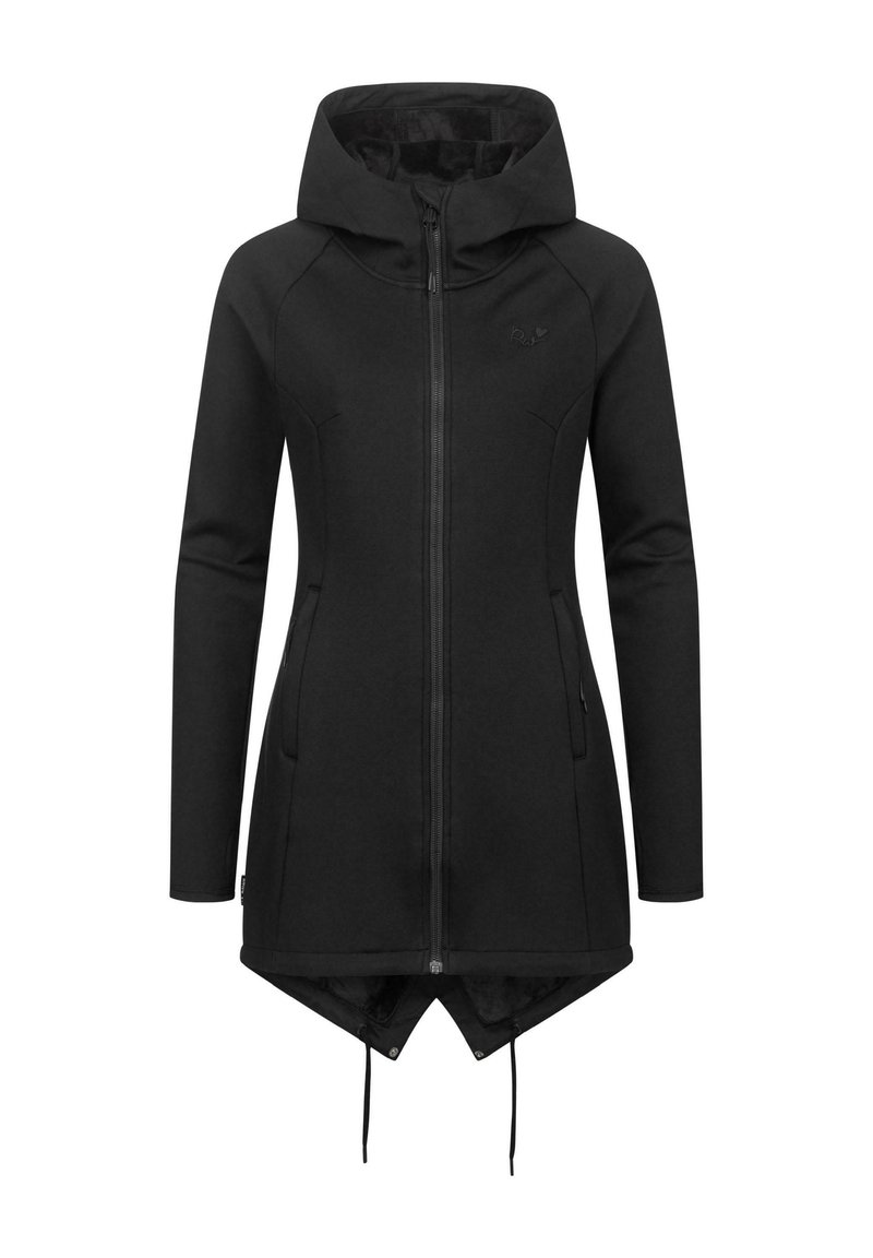 Black long-sleeve jacket with a hood, featuring a zip closure, two side pockets, and a curved hem. Made of soft, textured material.