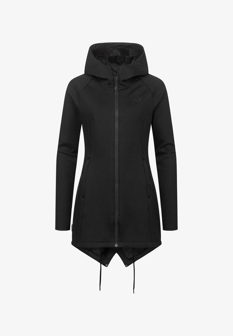 Svart långärmad jacka med huva, med dragkedja, två sidofickor och en böjd nederkant. Tillverkad av mjukt, strukturerat material.